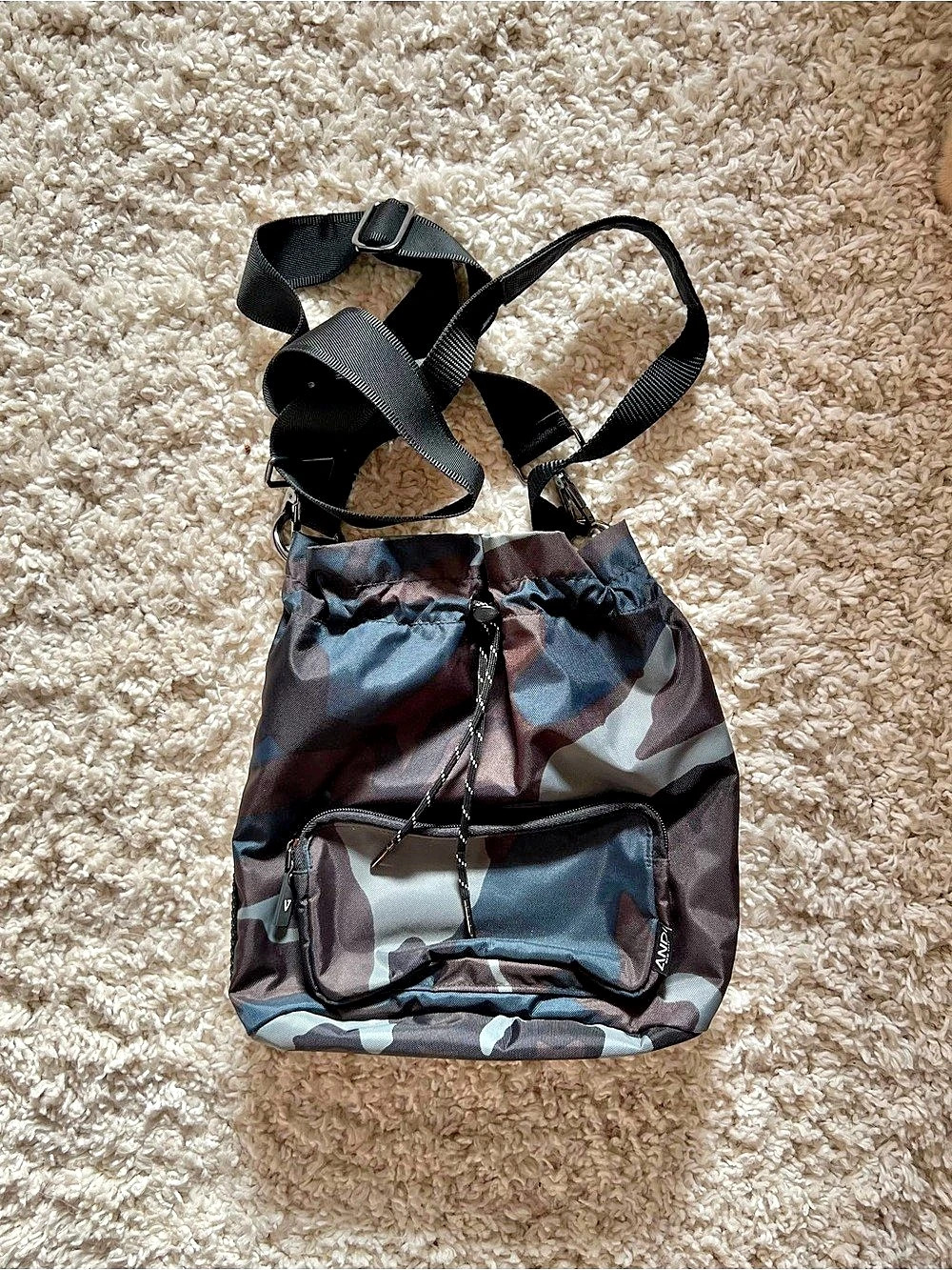 ANDI The Bucket Black Gray Camo Drawstring Crossbody Shoulder Bag